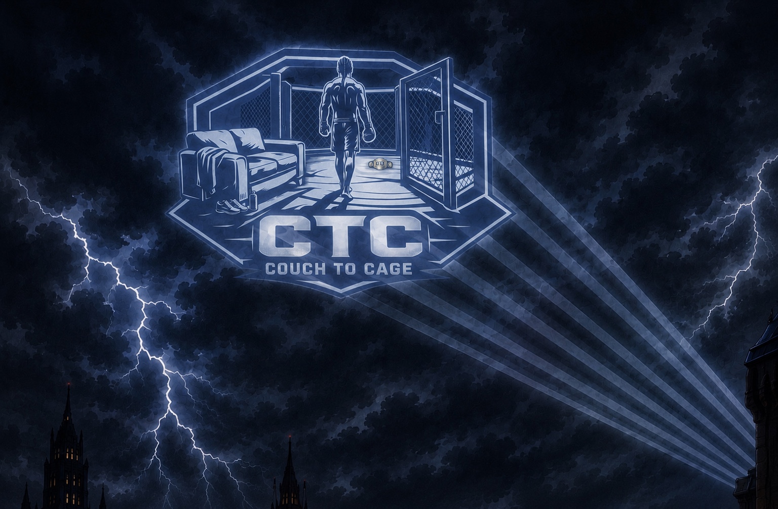 Couch To Cage logo shining across a stormy sky