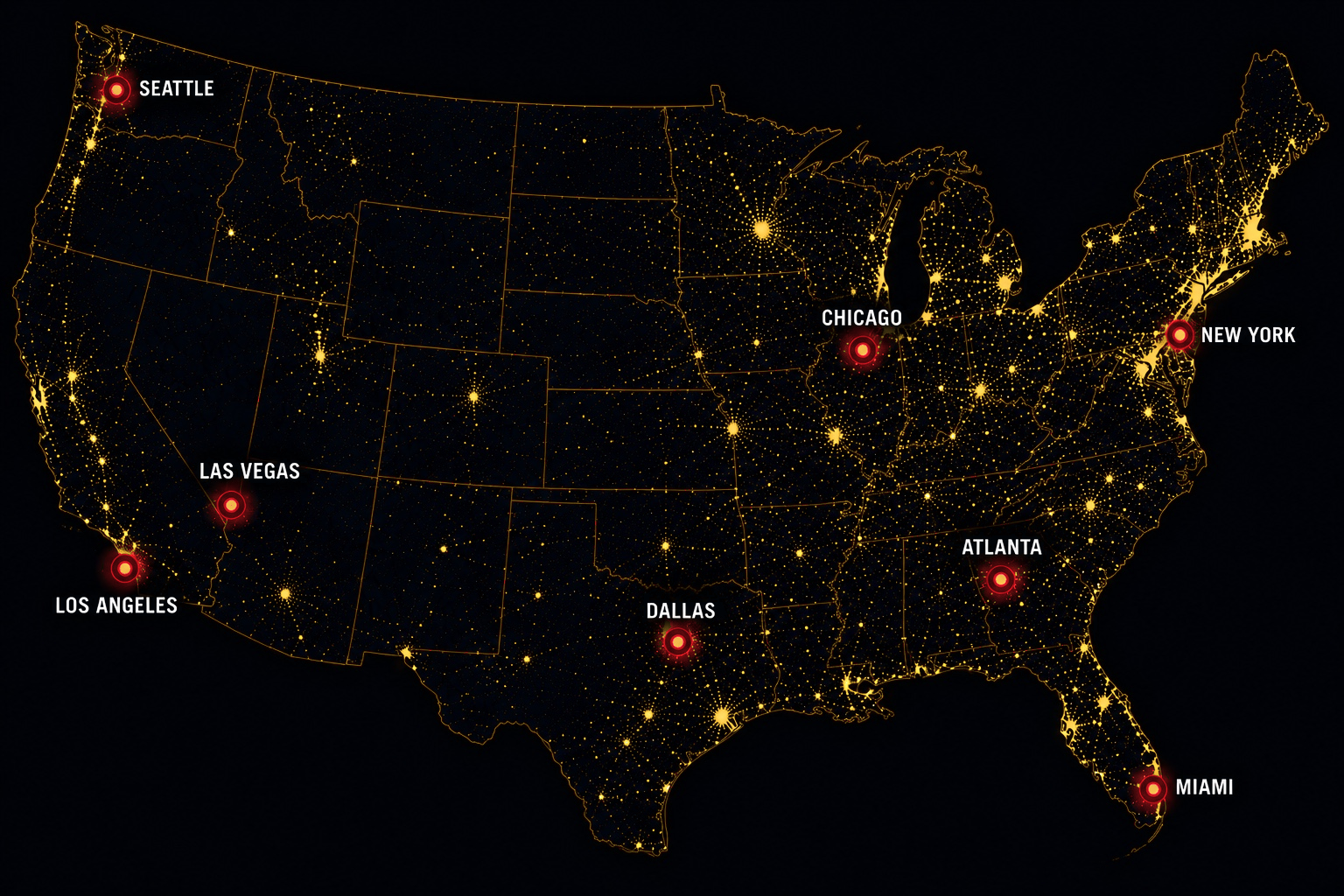 Map of the contiguous United States lit up like a satellite night view, showing CTC's fighter cities